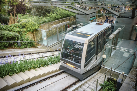 Paris, France - circa May, 2017: Funicular to the famous Basilica of Sacre Coeur, dedicated to Sacred Heart of Jesus - a very popular place in Montmartreのeditorial素材