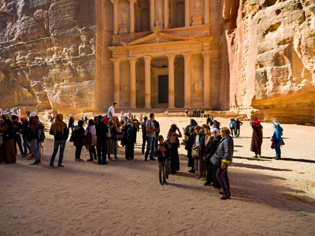 View of the facade of the Treasury building in the ancient Nabatean ruins of Petra, Jordan.のeditorial素材