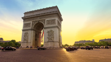 Champs Elysees view with traffic at Arc de Triomphe circle at Sunsetのeditorial素材