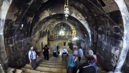 people enter in the temple Maria grotto, handheld shotのeditorial素材