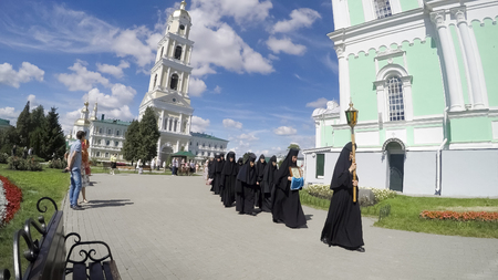 Monks during ceremony at Trinity Cathedral of Holy Trinity-Saint Seraphim-Diveyevo Monastery. Nizhny Novgorod Region. Russiaのeditorial素材