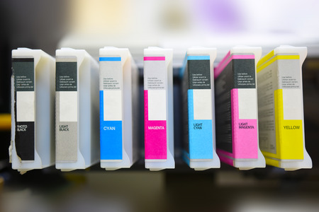 modern digital printing press, concept, closeup of the toner cartridges on large plotter printerの写真素材