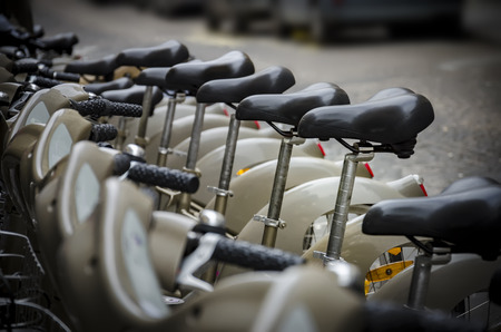 Row of rental bikes in Paris, Franceの写真素材