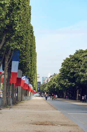 People walk down the Champs Elysees with French flags on trees waving celebrating national holliday in Paris, France, verticalのeditorial素材