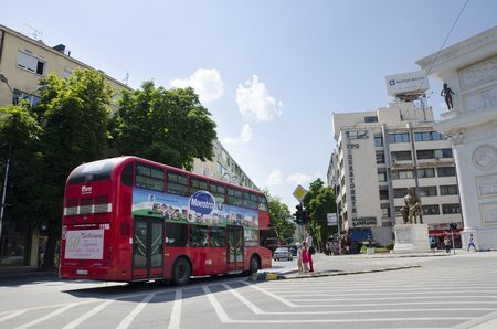 Red doubledecker in new public transportation in Skopje, Macedoniaのeditorial素材