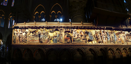 Panoramic view of Paris - reliefs from Jesus life - Notre-Dame cathedral - Christ in Gestemany gardenのeditorial素材