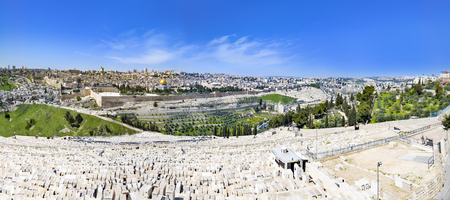 View to Jerusalem old city temple mount and the ancient Jewish cemetery in Olive mountain, Israelの写真素材