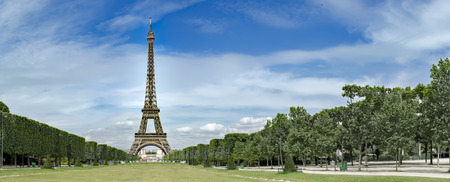 Eiffel Tower, iconic Paris landmark with vibrant blue sky, no people commercial background, panoramic viewの写真素材