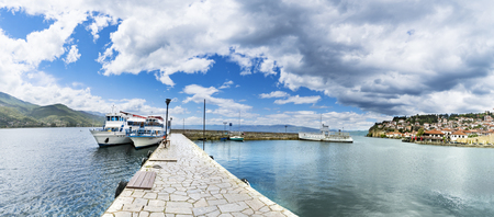 Panorama of Ohrid port with achored boats, Macedoniaの写真素材
