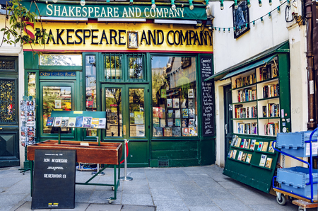 Paris, France - May 08, 2017: Shakespeare and Company bookstore and Library on the Seine riverbank in Paris, first opened by Sylvia Beach on 19 November 1919のeditorial素材