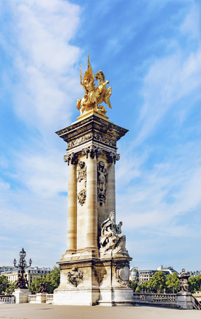 Alexandre III Bridge Pillar Close Up against Blue Sky, Paris, Franceの写真素材