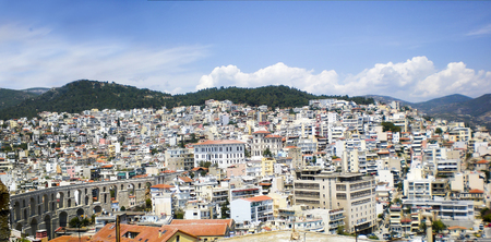 Panorama to old town and port of Kavala, East Macedonia and Thrace, Greeceの写真素材