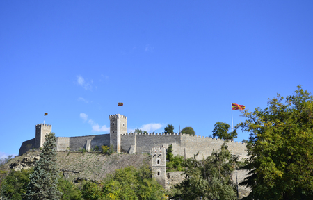 Skopje fortress (Kale fortress) in the Old Town of the capital of Macedonia against blue skyの写真素材