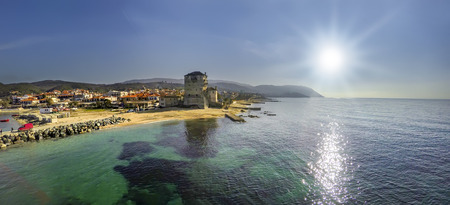 Panoramic view of a Ancient Ouranoupolis Tower on Athos peninsula in Halkidiki, Greeceの写真素材