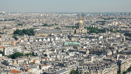 Paris cityscape view from Eiffel tower, famous landmark Domes Les Invalides a home to Napoleon tomb and a complex of museums and monuments in Parisの写真素材