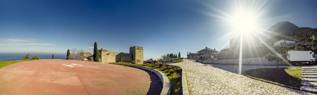 Panoramic view of the monastery complex - Holy Monastery at Holy Mount Athos,Greece against the sunの写真素材