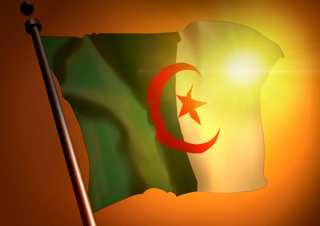 winner waving Algerian flag against the sunsetの写真素材