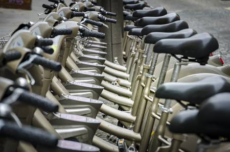 Street view with renting bicycles in Paris, Franceの写真素材