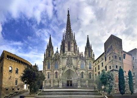Panorama of Gothic Barcelona Cathedral with dramatic colorsの写真素材