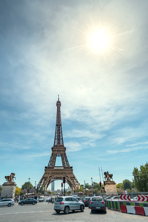 Paris, France - 05 May, 2017: Traffic jam at D'Lena bridge in Paris with veiw of Eiffel Tower at background during spring sunny dayのeditorial素材