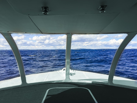 Passenger point of view from ship on open sea, Valaam in Russiaの写真素材