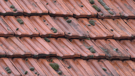 Closeup pan of orange clay tiles on the roofs of houseの写真素材