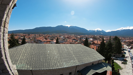 Panoramic aerial view of Bansko town, Bulgaria a famous ski centar and world ski cup winter resortの写真素材
