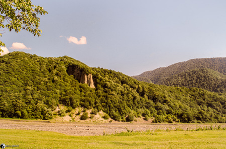 Beautiful summer landscape in mountains, green meadows and the dark blue sky with clouds . Big Caucasus. Azerbaijan. Gakh. Ilisuの写真素材