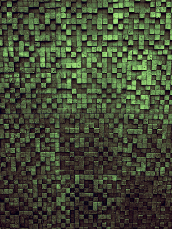 Fragment of square texture or crossing lines mosaic surface green turquoise lime navy violet pink purple dark colored wallpaper, abstract geometrical boxes useful as backgroundの写真素材