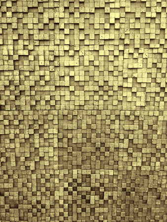 Fragment of square texture or crossing lines mosaic surface yellow red pink orange grey maroon gold dark colored wallpaper, abstract geometrical boxes useful as backgroundの写真素材