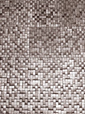 Fragment of square texture or crossing lines mosaic surface yellow red pink orange grey maroon gold dark colored wallpaper, abstract geometrical boxes useful as backgroundの写真素材