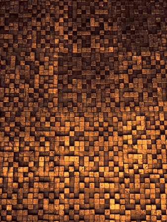 Fragment of square texture or crossing lines mosaic surface yellow red pink orange grey maroon gold dark colored wallpaper, abstract geometrical boxes useful as backgroundの写真素材