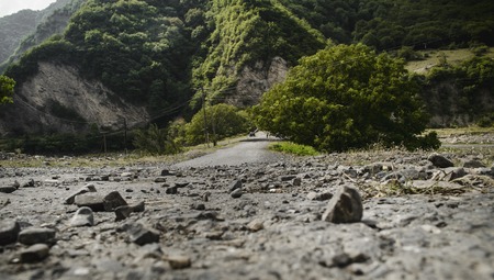Beautiful summer landscape in mountains, green meadows and the dark blue sky with clouds . Big Caucasus. Azerbaijan Sheki Gakh Oguzの写真素材