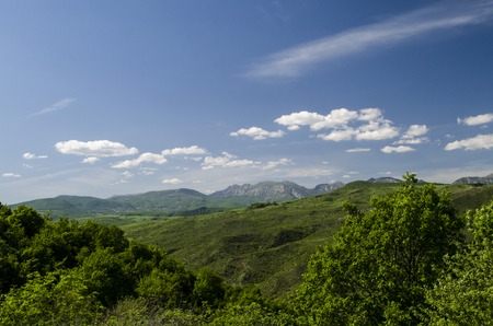 Green meadow in mountain. Composition of nature. Beautiful landscape of Big Caucasus spring view of nature. Spring in Azerbaijan. Shamakhiの写真素材