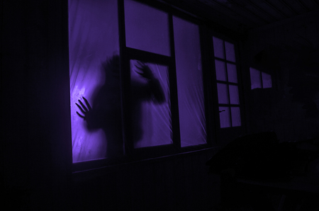Horror concept. The silhouette of a human with sprayed arms in front of a window. at night. Azerbaijanの写真素材