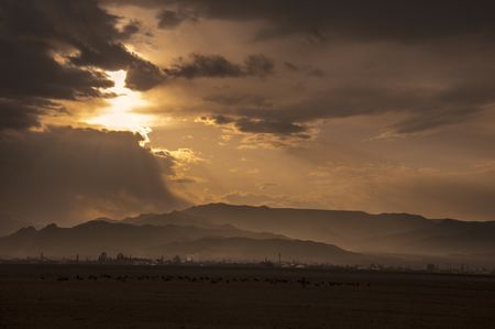 Majestic sunset in the mountains landscape. Dramatic sky clouds. Azerbaijan, Gazakh big Caucasus mountainsの写真素材