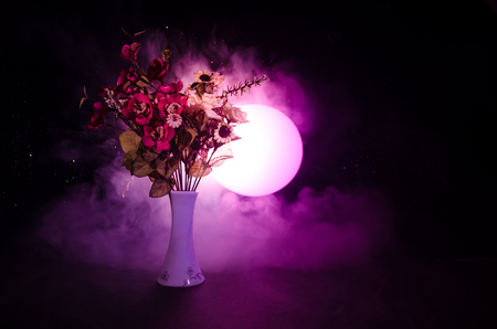 Picturesque purple spring flowers in glass vase standing in a row on a dark background with stars with light and fog. Flower concept with balloonの写真素材