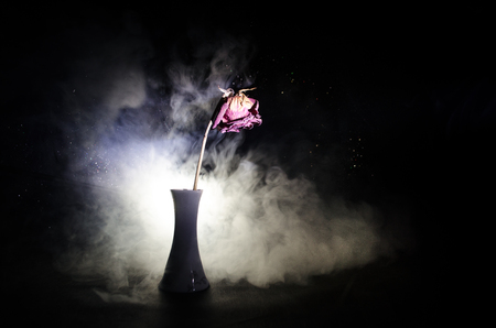 A wilting rose signifies lost love, divorce, or a bad relationship, dead rose on dark background with smokeの写真素材
