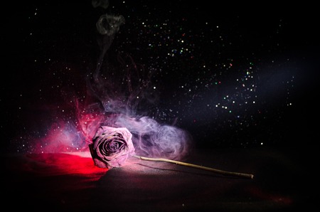 A wilting rose signifies lost love, divorce, or a bad relationship, dead rose on dark background with smokeの写真素材