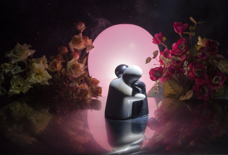 Two doll hugging on table with flowers and moon decoration Lighted background with smoke.Love concept. Greeting or gift card design idea. Silhouette of hugging coupleの写真素材