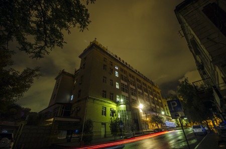 Night view of the city of Baku. Street buildings at night time. Downtown of the capital of Azerbaijanの写真素材