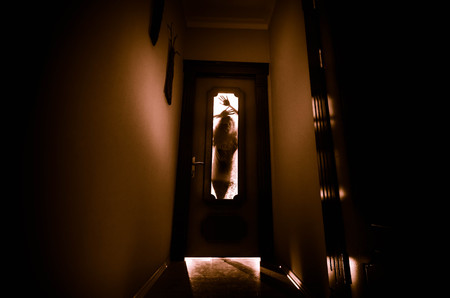 Silhouette of an unknown shadow figure with hands on a door through a closed glass door. Horror conceptの写真素材