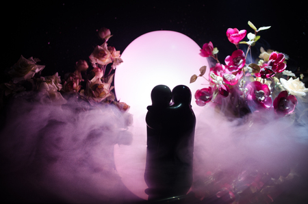 Two doll hugging on table with flowers and moon decoration Lighted background with smoke.Love concept. Greeting or gift card design idea. Silhouette of hugging coupleの写真素材
