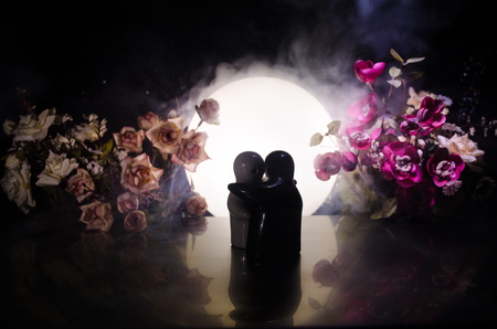 Two doll hugging on table with flowers and moon decoration Lighted background with smoke.Love concept. Greeting or gift card design idea. Silhouette of hugging coupleの写真素材