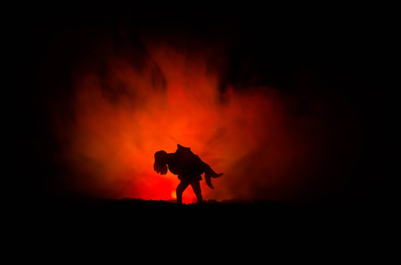a silhouette of a man holding on to the woman. Rescue saviour concept. Escape from fire or danger. Surreal decorationの写真素材
