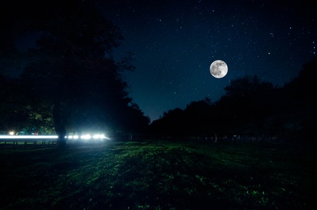 Mountain Road through the forest on a full moon night. Scenic night landscape of dark blue sky with moon. Azerbaijanの写真素材