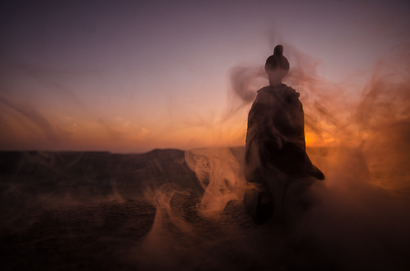 Silhouette of Arab man stands alone in the desert and watching the sunset with clouds of fogの写真素材