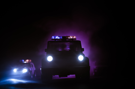 speed lighting of police car in the night on the road. Police cars on road moving with fog. Selective focusの写真素材
