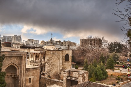 Panoramic view on Baku city and Flame Towers from Old City in Baku, Capital of Azerbaijanの写真素材