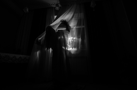Horror woman in window wood hand hold cage scary scene halloween concept Blurred silhouette of witch. Horror themeの写真素材